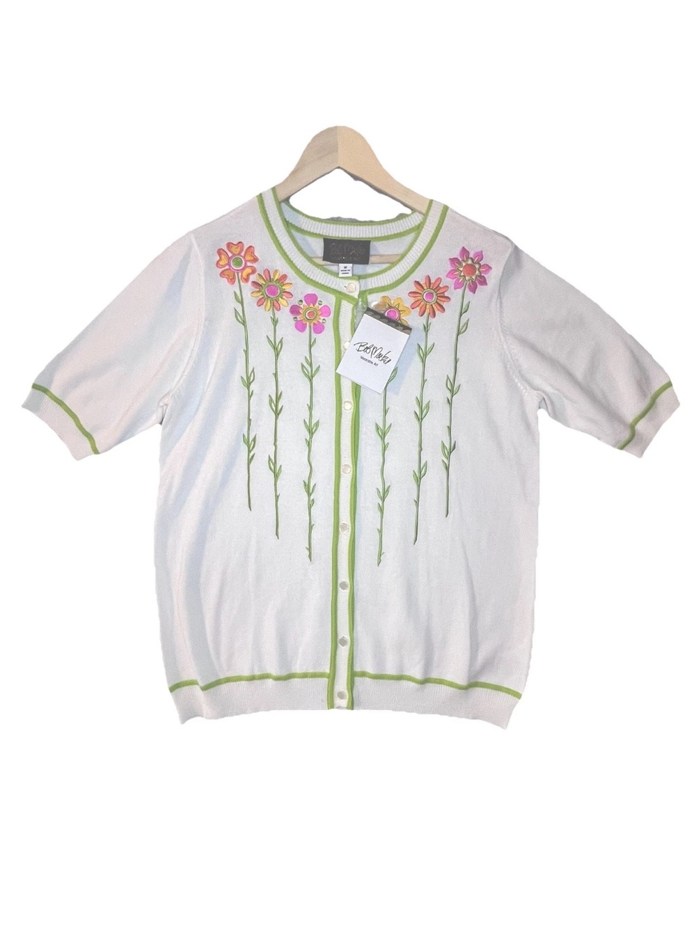 Bob Mackie Sweater Womens M L Flower Cardigan Short Sleeve Button Up Grandma VTG